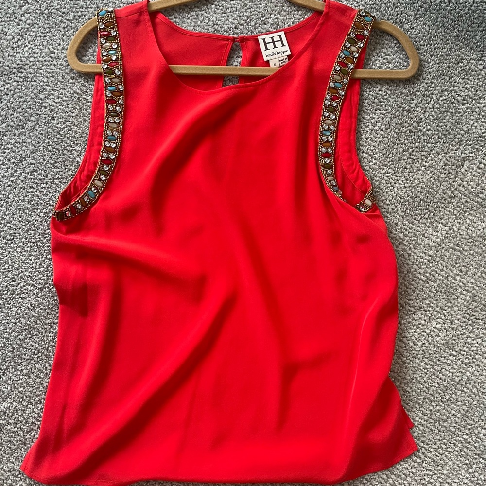 Red silk embellished Haute Hippie top